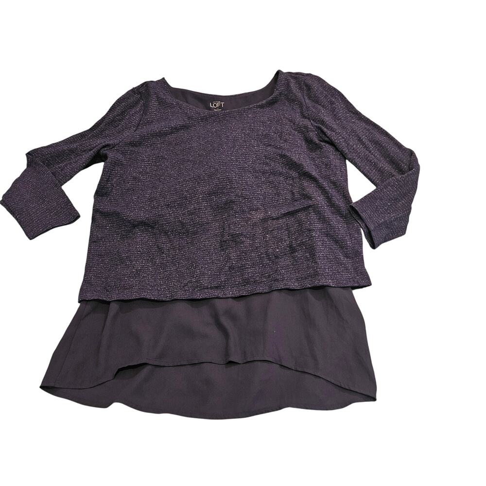 ANN TAYLOR LOFT Women's Blue Metallic Layered Chiffon Hem Knit Blouse Medium
